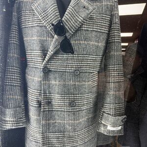 Men's Double-Breasted Plaid Pea Coat 80% wool 20% cashmere made in Italy